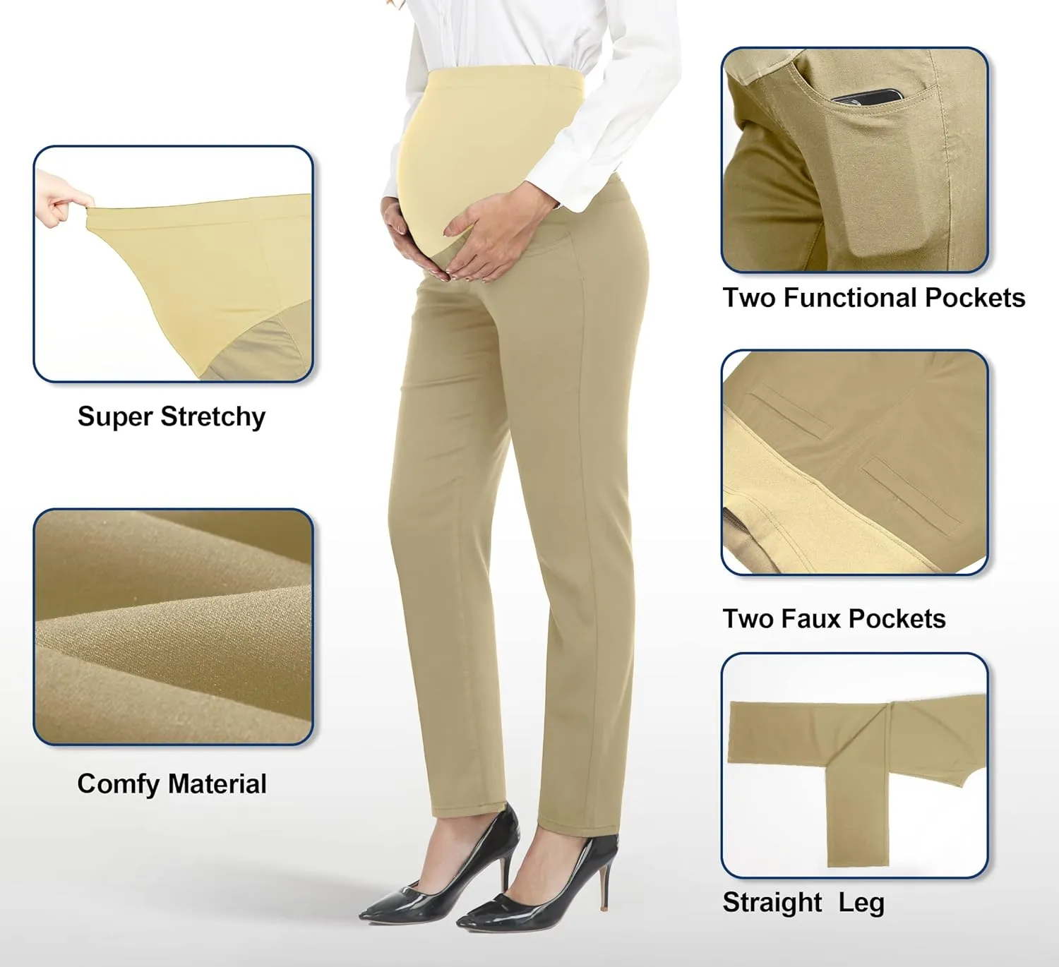 PACBREEZE Women's Maternity Pants for Work Over-Bump Pregnancy Casual Stretchy Straight Dress Pants with Pockets