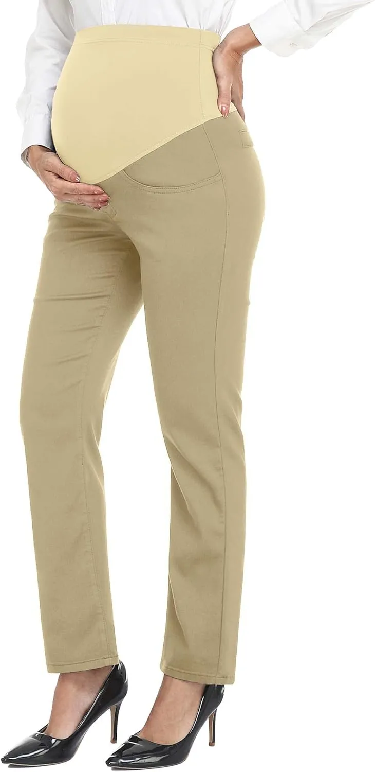 PACBREEZE Women's Maternity Pants for Work Over-Bump Pregnancy Casual Stretchy Straight Dress Pants with Pockets