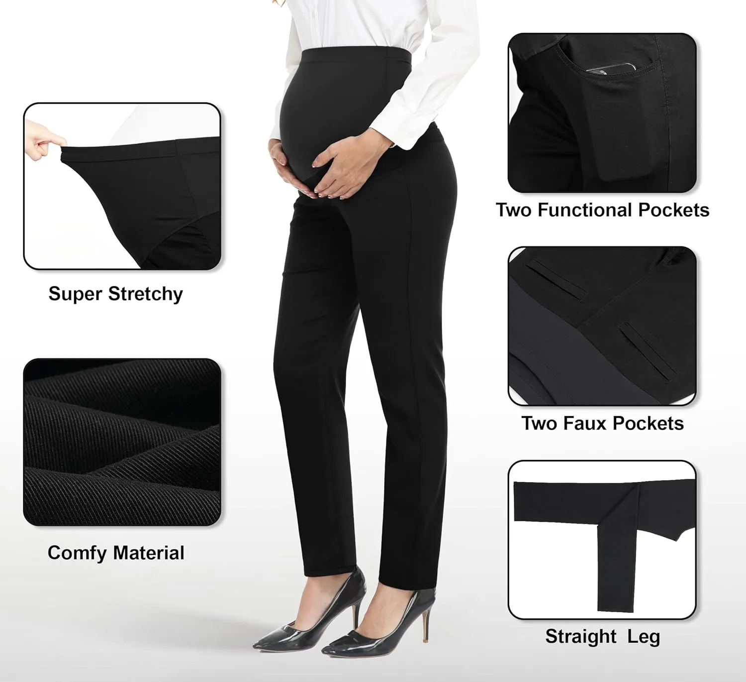 PACBREEZE Women's Maternity Pants for Work Over-Bump Pregnancy Casual Stretchy Straight Dress Pants with Pockets