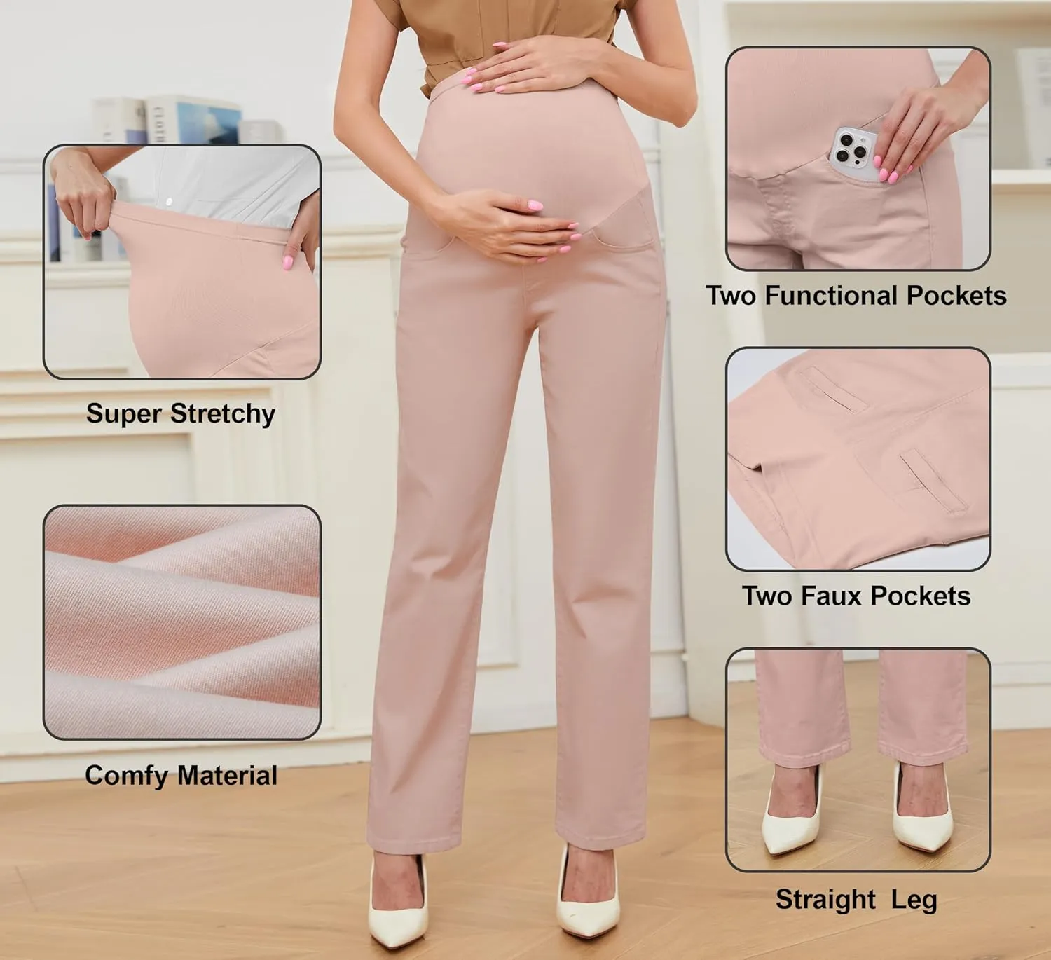 PACBREEZE Women's Maternity Pants for Work Over-Bump Pregnancy Casual Stretchy Straight Dress Pants with Pockets