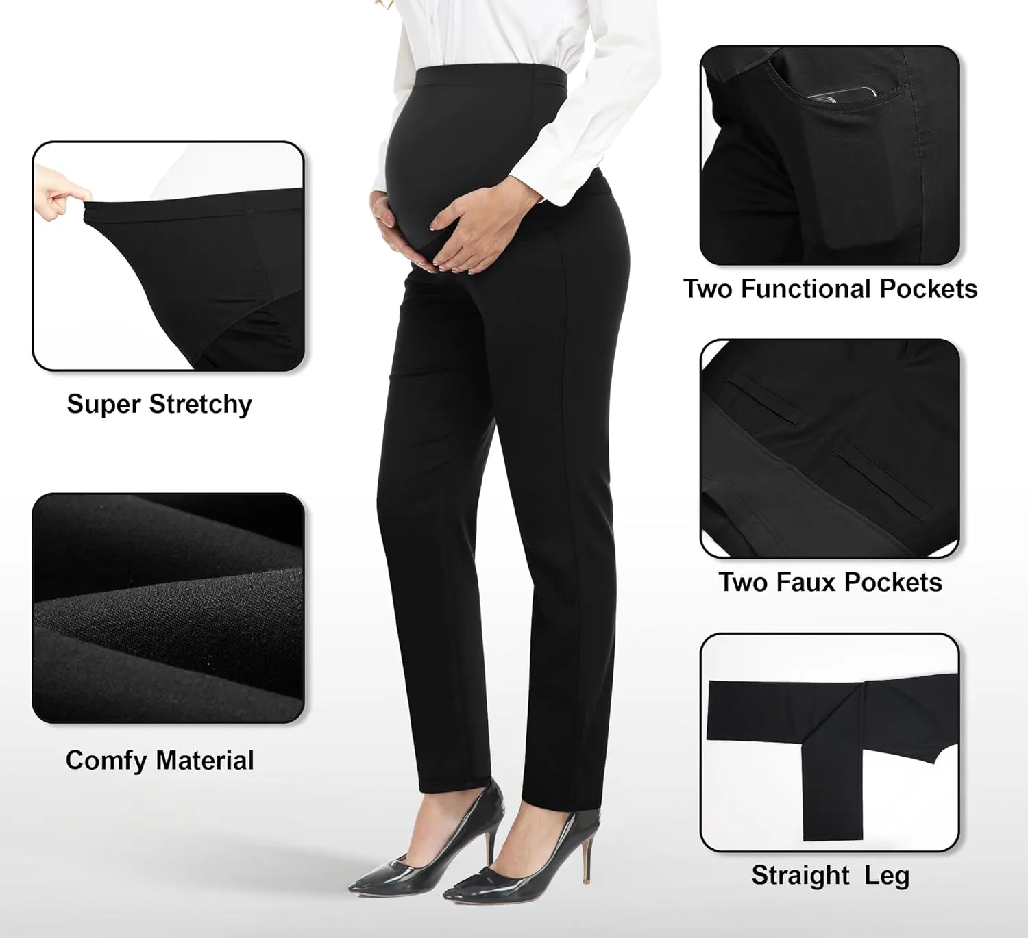 PACBREEZE Women's Maternity Pants for Work Over-Bump Pregnancy Casual Stretchy Straight Dress Pants with Pockets