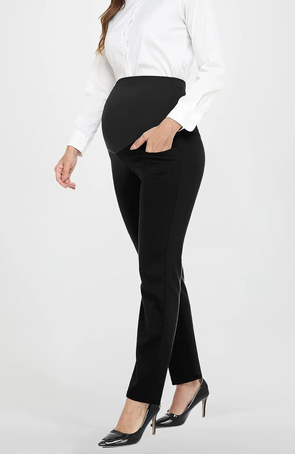 PACBREEZE Women's Maternity Pants for Work Over-Bump Pregnancy Casual Stretchy Straight Dress Pants with Pockets