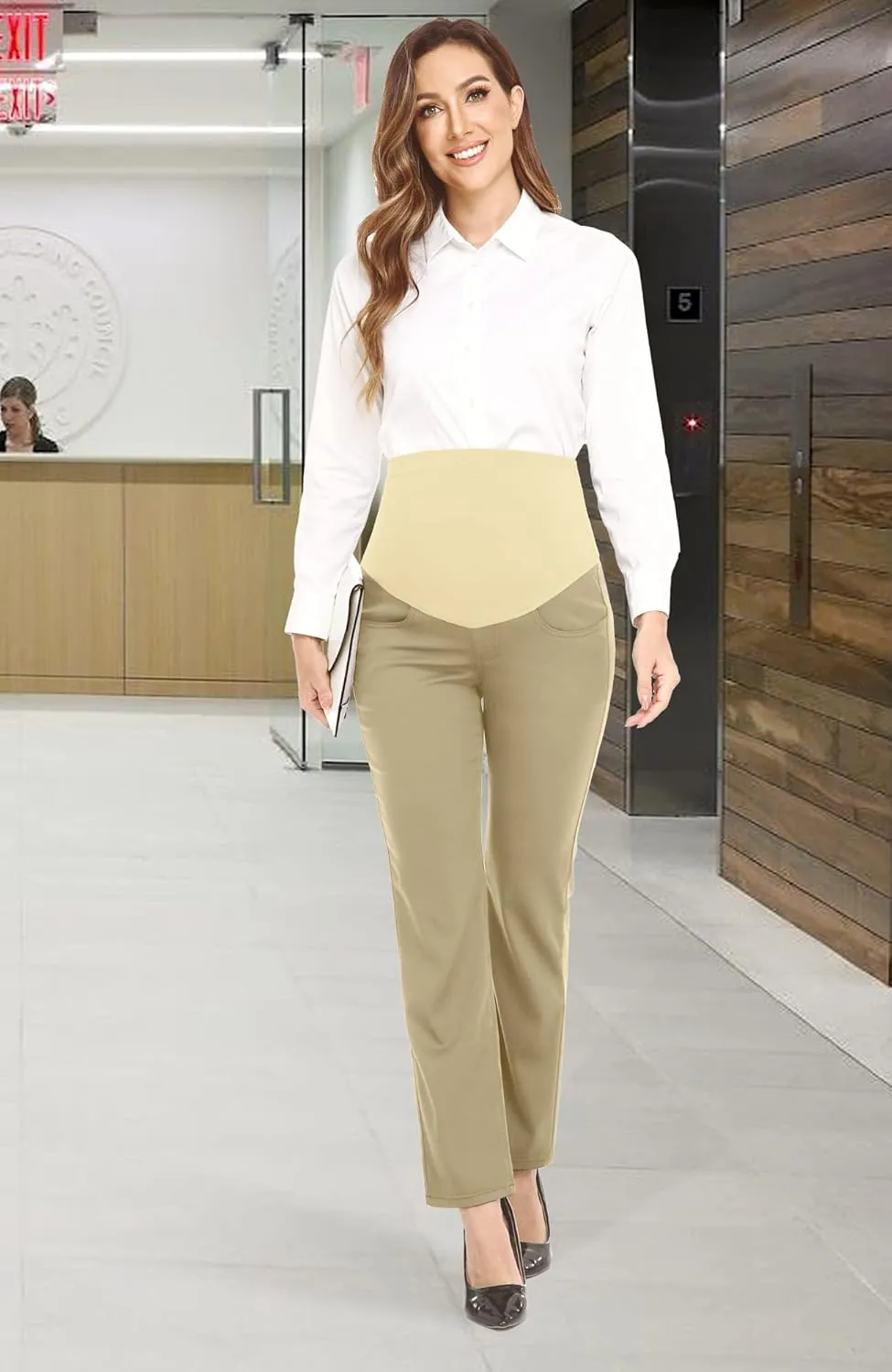 PACBREEZE Women's Maternity Pants for Work Over-Bump Pregnancy Casual Stretchy Straight Dress Pants with Pockets