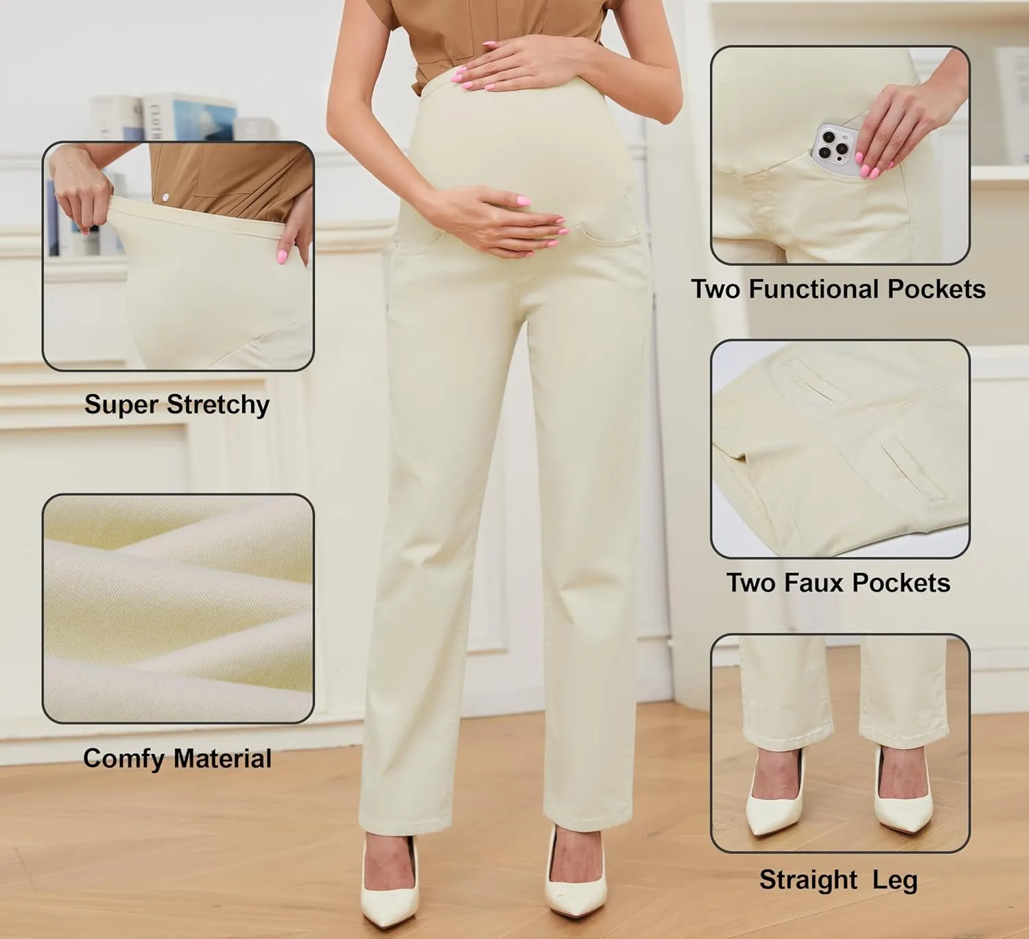 PACBREEZE Women's Maternity Pants for Work Over-Bump Pregnancy Casual Stretchy Straight Dress Pants with Pockets