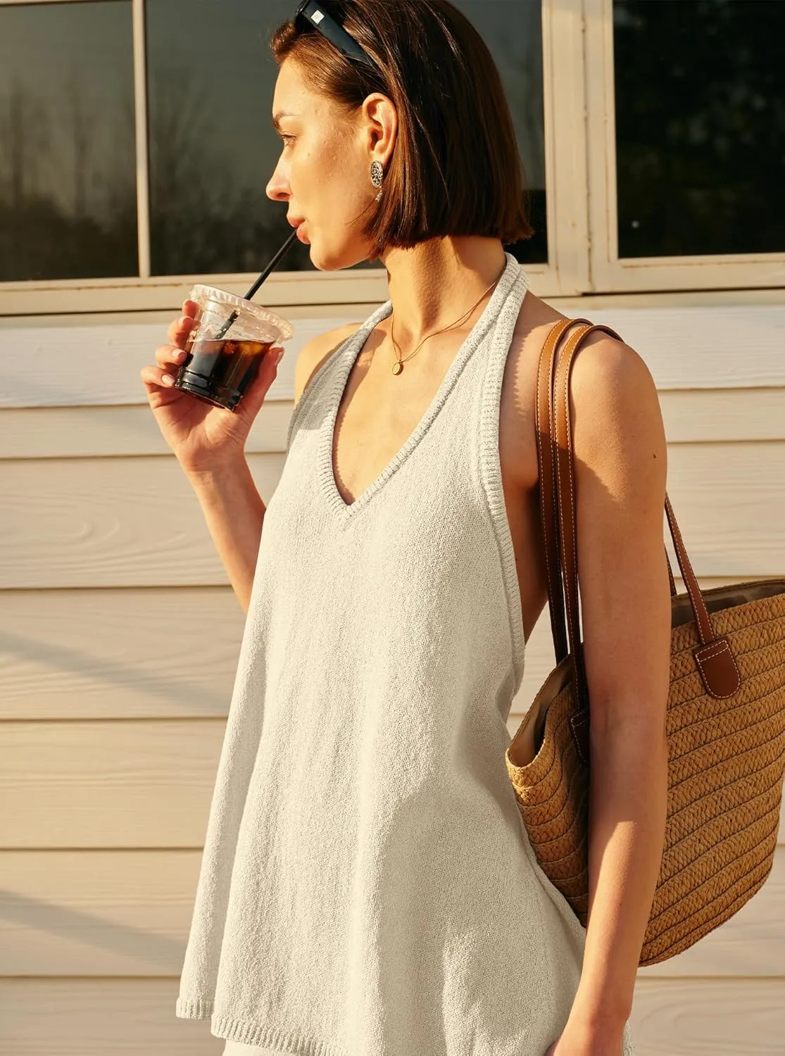 Panadila Womens Summer Two Piece Sets Beach Vacation Outfits Halter Neck Tank Top and Shorts Set Knit Lounge Clothes
