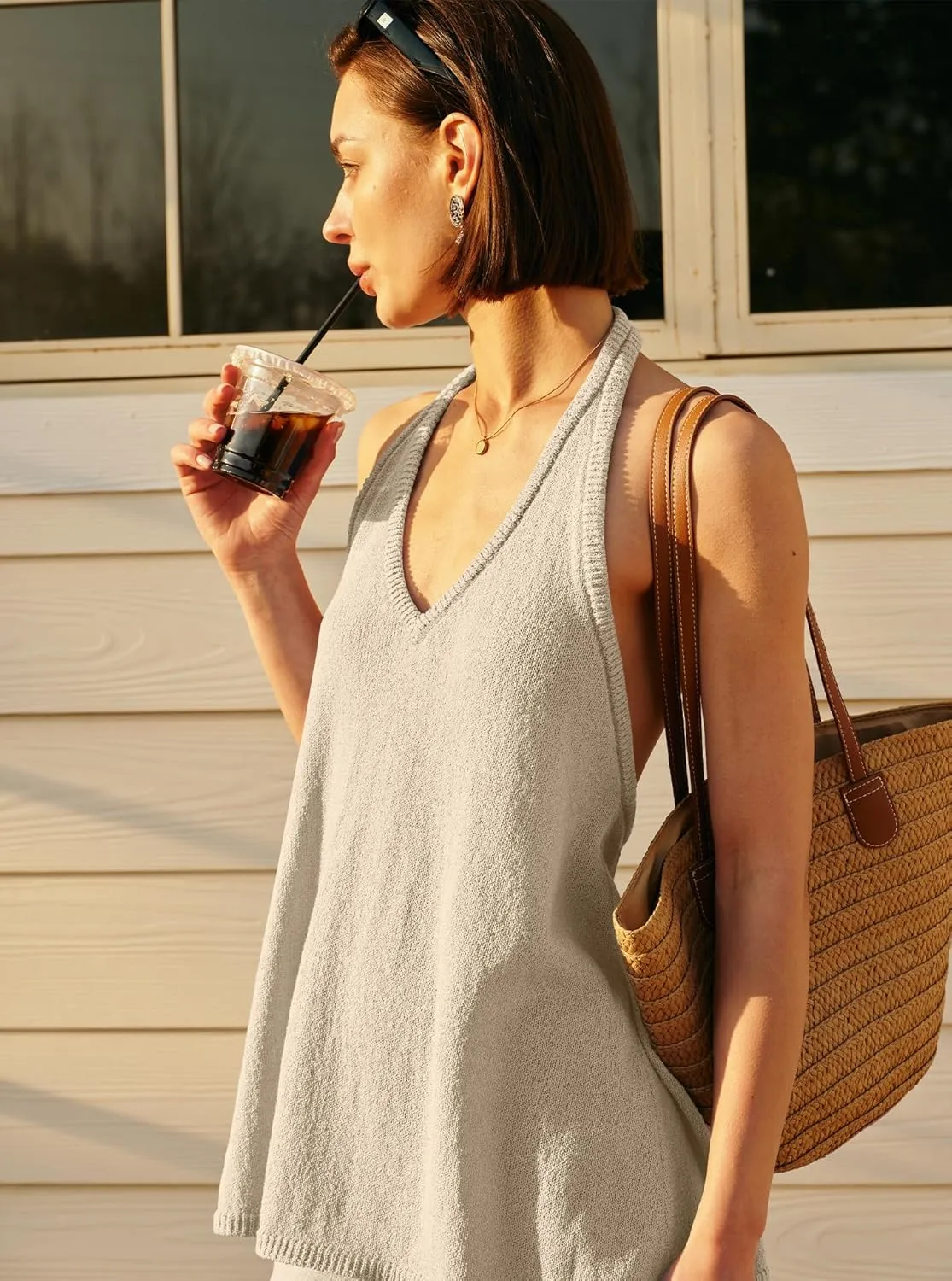 Panadila Womens Summer Two Piece Sets Beach Vacation Outfits Halter Neck Tank Top and Shorts Set Knit Lounge Clothes