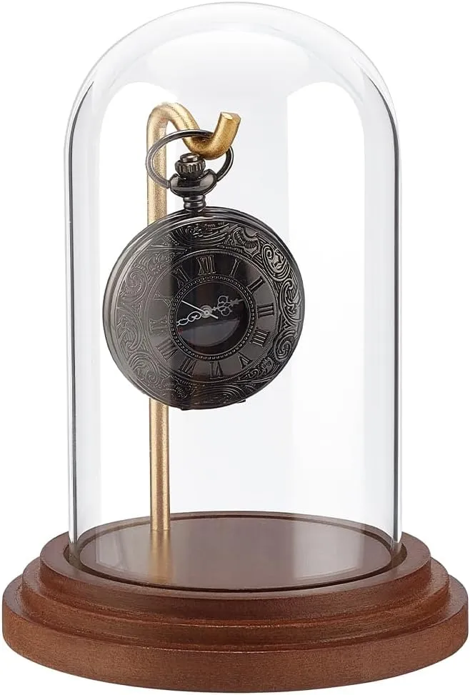 PH PandaHall Pocket Watch Glass Display Dome with Hook 5.7"x4" Watch Display Jar Decorative Watch Case with Wood Base Plants Dome Showcase for Father's Day Pocket Watches Medals Collectibles Ornament