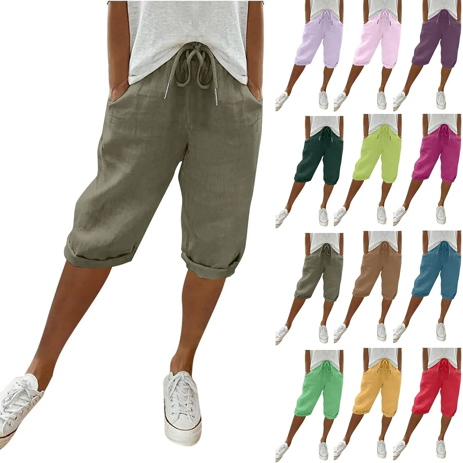 Plus Size Linen Capris for Women High Waist Drawstring Comfy Casual Pants Lightweight Loose Trousers with Pockets
