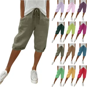 Plus Size Linen Capris for Women High Waist Drawstring Comfy Casual Pants Lightweight Loose Trousers with Pockets