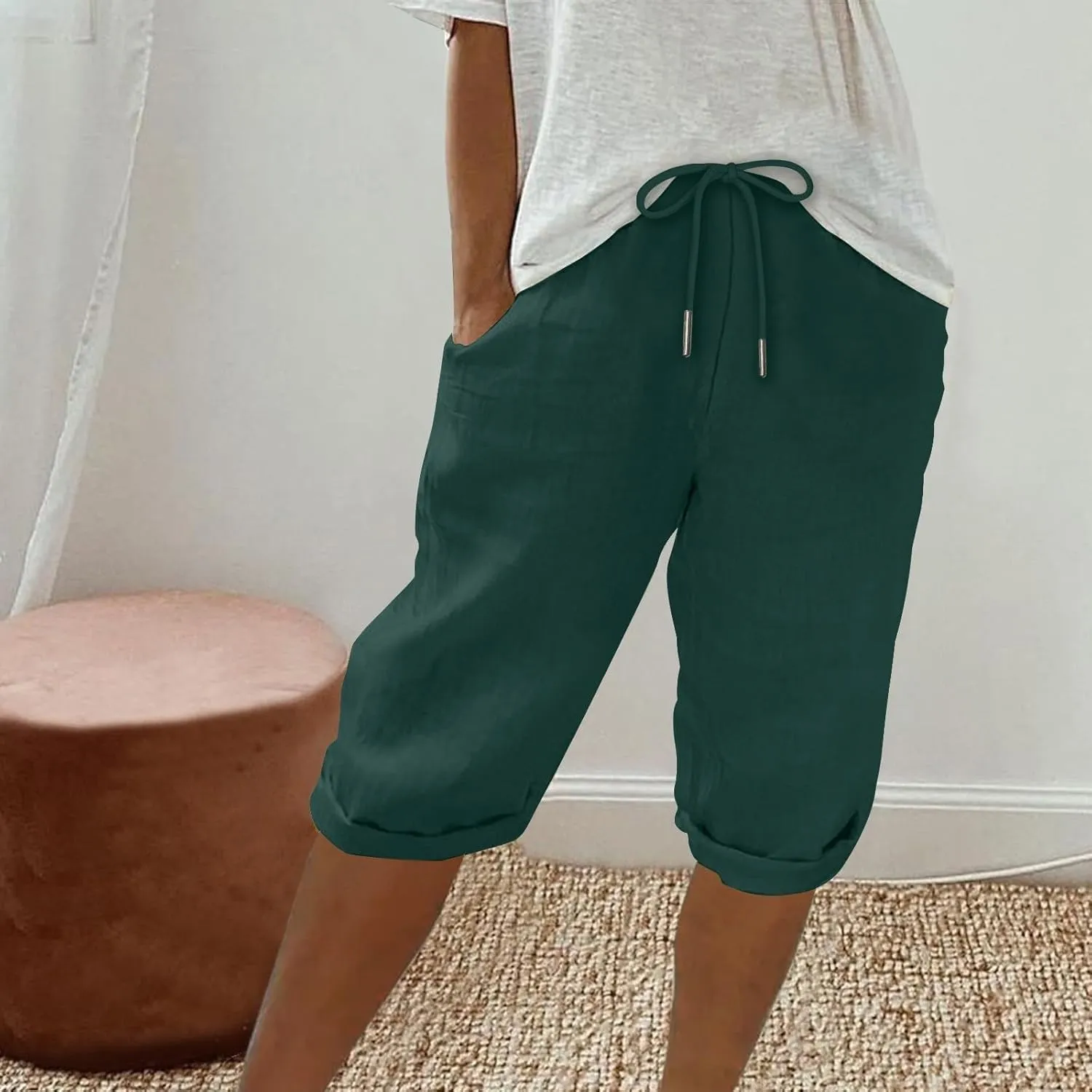 Plus Size Linen Capris for Women High Waist Drawstring Comfy Casual Pants Lightweight Loose Trousers with Pockets