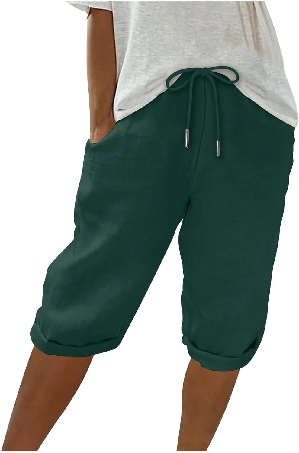 Plus Size Linen Capris for Women High Waist Drawstring Comfy Casual Pants Lightweight Loose Trousers with Pockets