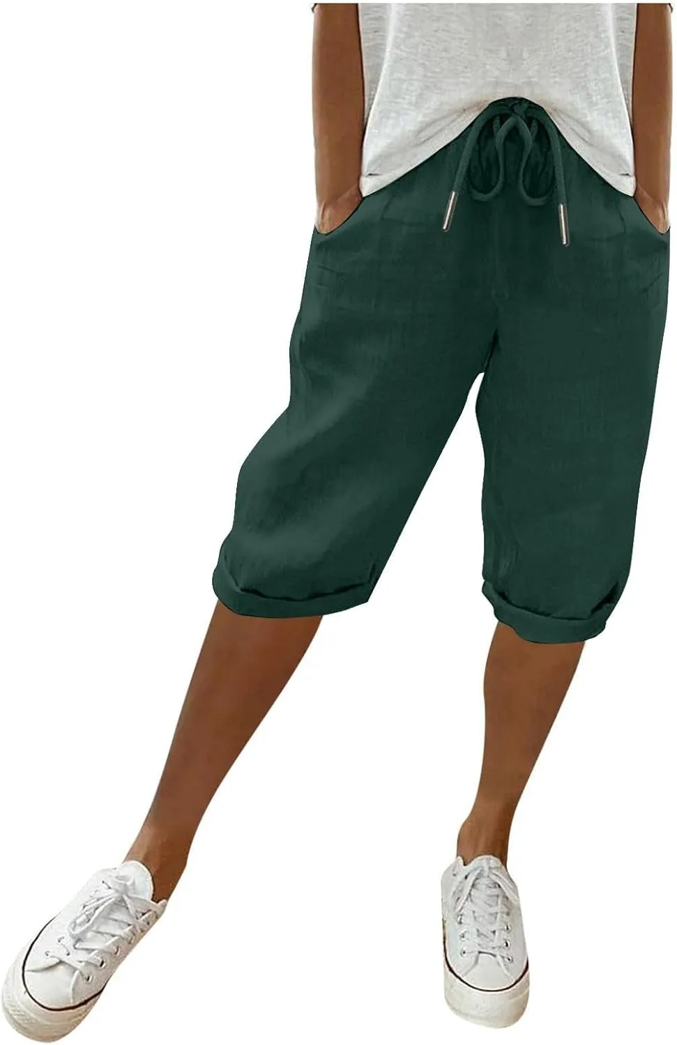 Plus Size Linen Capris for Women High Waist Drawstring Comfy Casual Pants Lightweight Loose Trousers with Pockets