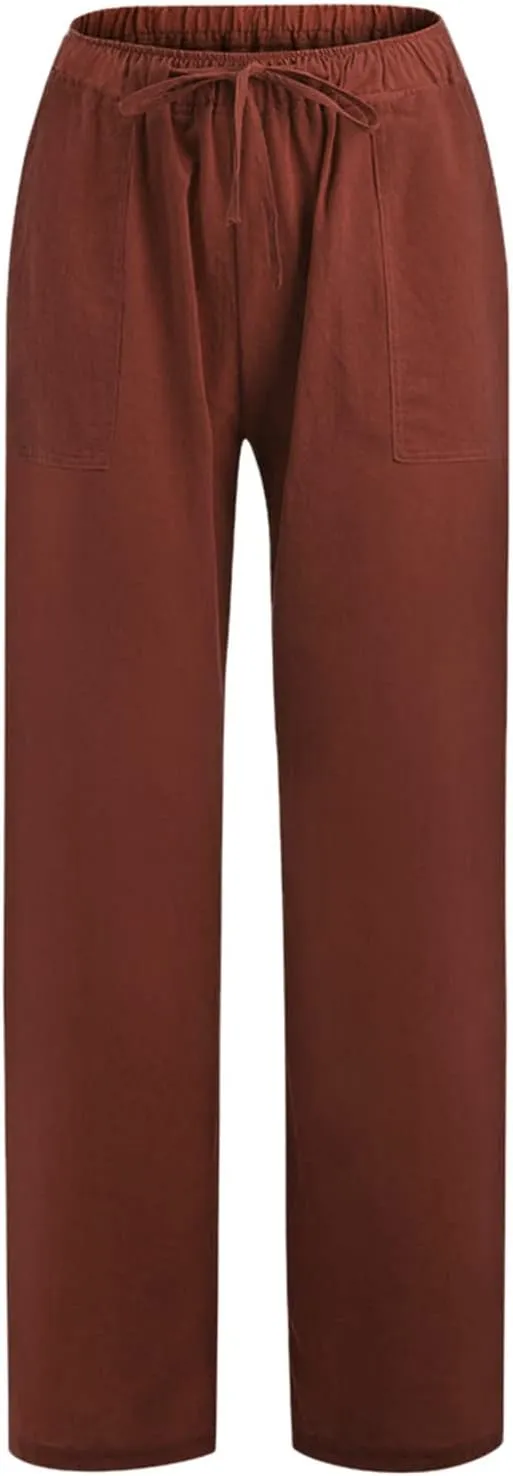 Plus Size Trousers for Women Drawstring Causal Solid Color Long Pants Summer Comfy Classic Basic Lounge Pants with Pockets