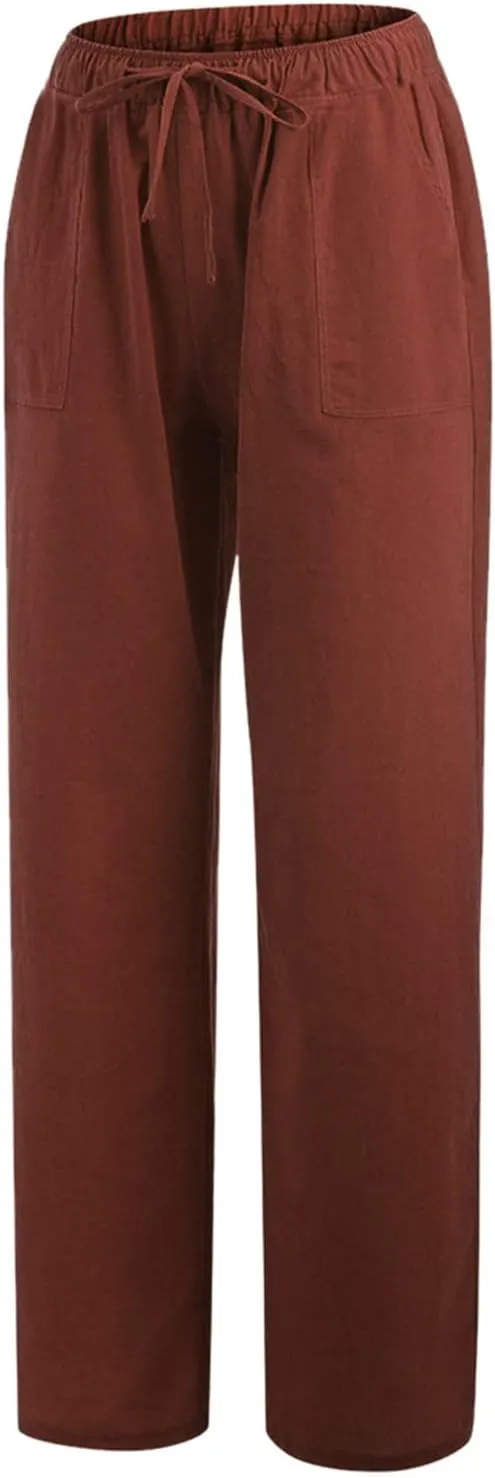Plus Size Trousers for Women Drawstring Causal Solid Color Long Pants Summer Comfy Classic Basic Lounge Pants with Pockets