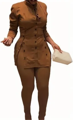 Plus Size Women's Button-Front Blazer and Pants Set, Curvy Long Sleeve Professional Two-Piece Suit