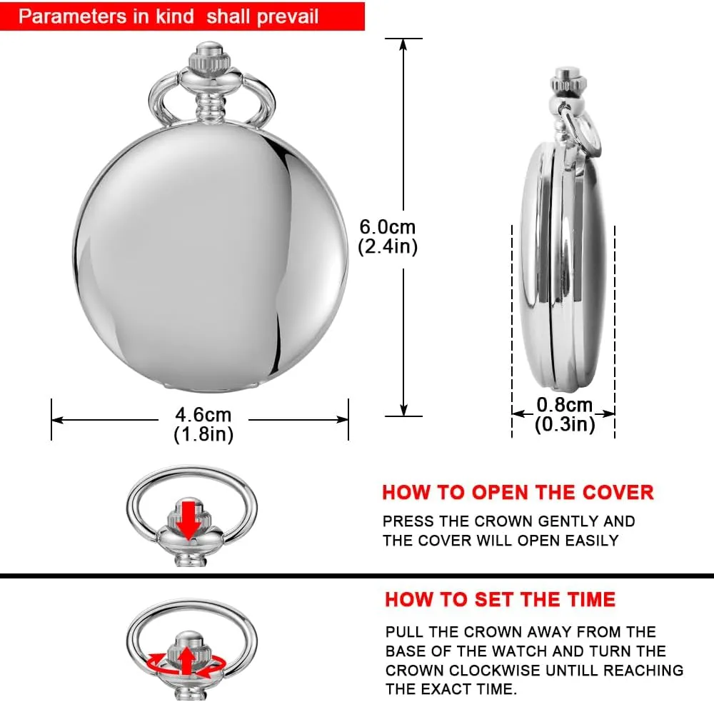 Pocket Watch Moon Phase Calendar Roman Numerals Scale Quartz Pocket Watches with Chain Best Gifts-Silver