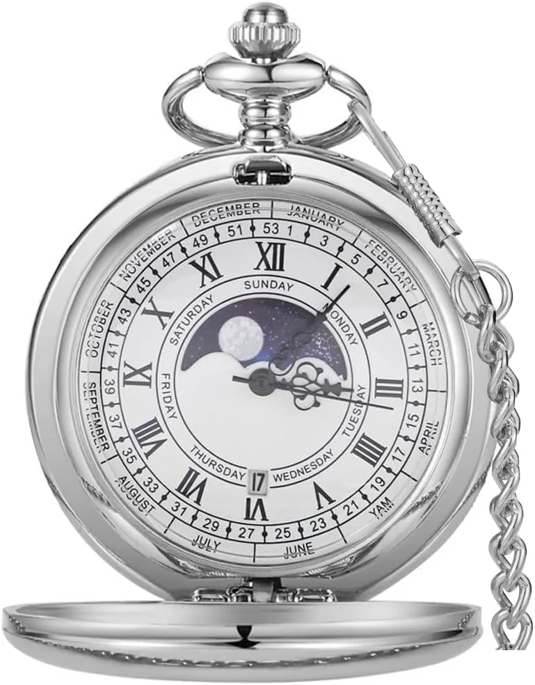 Pocket Watch Moon Phase Calendar Roman Numerals Scale Quartz Pocket Watches with Chain Best Gifts-Silver