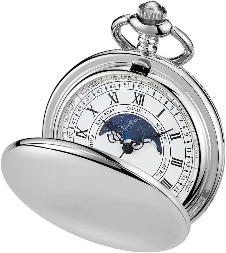 Pocket Watch Moon Phase Calendar Roman Numerals Scale Quartz Pocket Watches with Chain Best Gifts-Silver