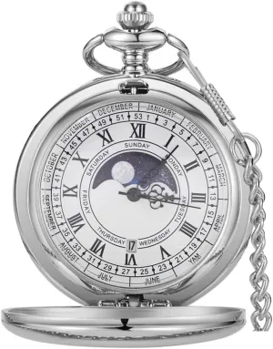 Pocket Watch Moon Phase Calendar Roman Numerals Scale Quartz Pocket Watches with Chain Best Gifts-Silver