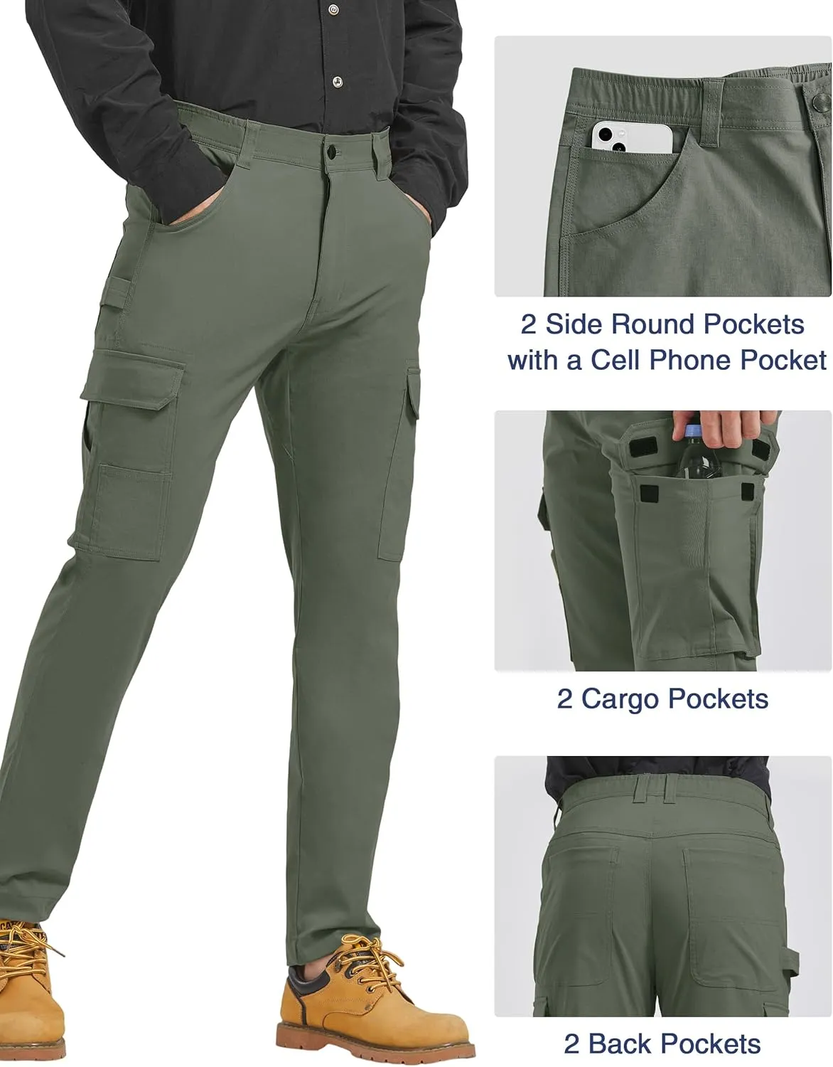 PULI Men's Carpenter Work Pants Cargo Hiking Pants Slim Fit Stretch Waterproof Outdoor Trousers with Pockets