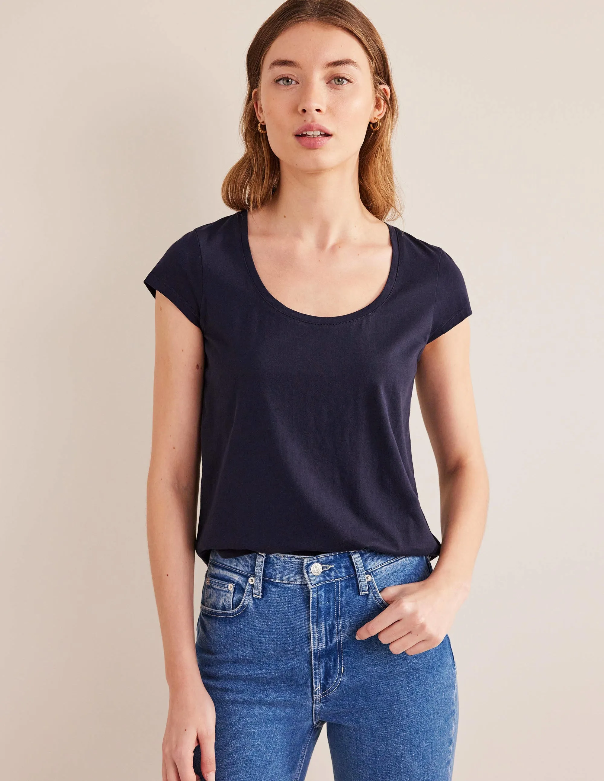 Pure Cotton Scoop Neck T-Shirt-Navy
