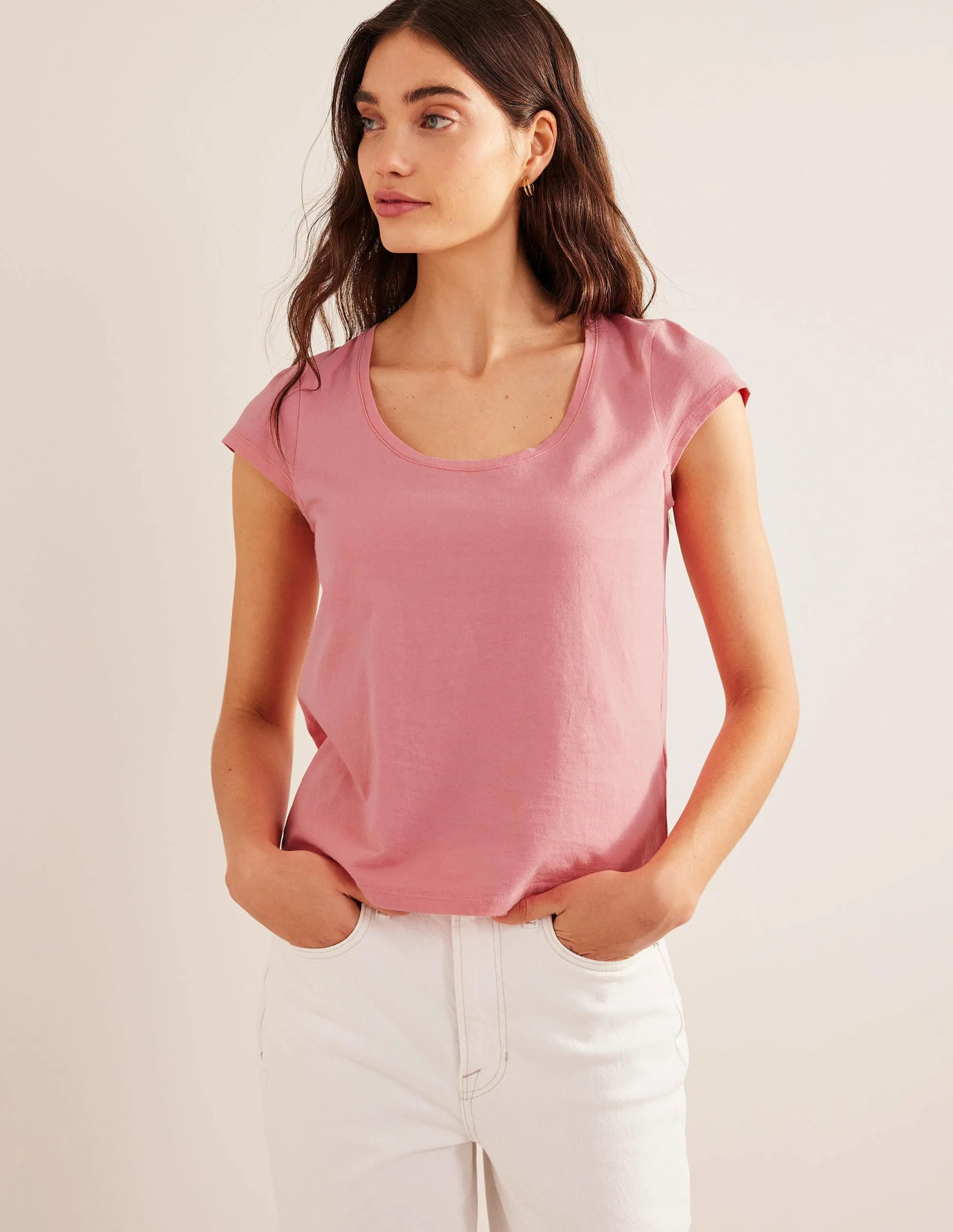 Pure Cotton Scoop Neck T-Shirt-Peach Sorbet