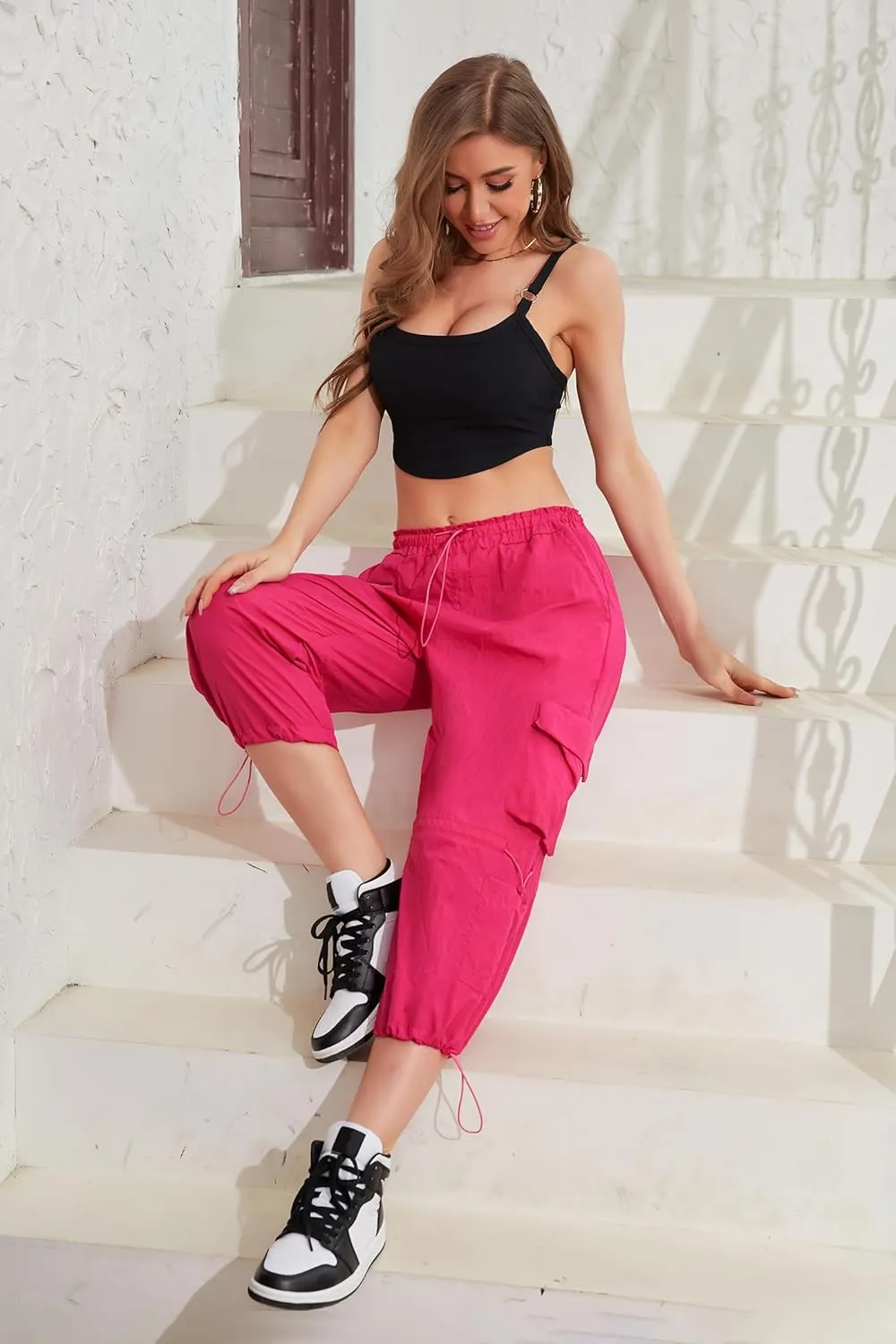 QYANGG Capri Pants for Women Baggy Parachute Pants for Women Ruched Cargo Pants Womens Capri Pants Drawstring ElasticY2K