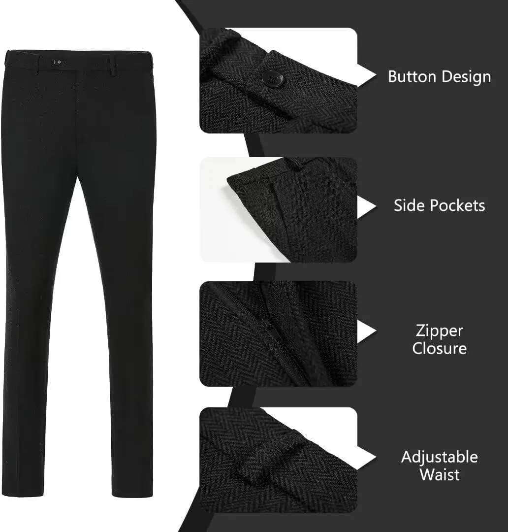 Retro Men Suit 3 Piece Tweed Herringbone Men's Suits Wool Jacket Tuxedos Wedding Grooms Blazer Vest Pants Set Prom