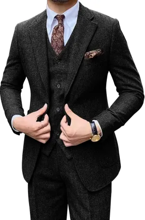 Retro Men Suit 3 Piece Tweed Herringbone Men's Suits Wool Jacket Tuxedos Wedding Grooms Blazer Vest Pants Set Prom