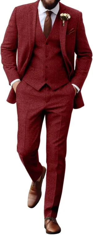 Retro Tweed Herringbone Suit for Men Slim Fit 3 Pieces Mens Suit Groom Dress Tuxedos Prom Suit Jacket Vest Pants