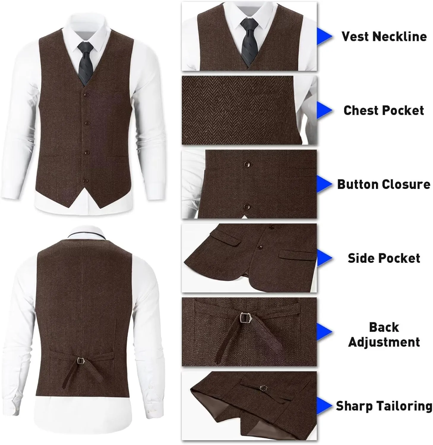 Retro Tweed Herringbone Suit for Men Slim Fit 3 Pieces Mens Suit Groom Dress Tuxedos Prom Suit Jacket Vest Pants