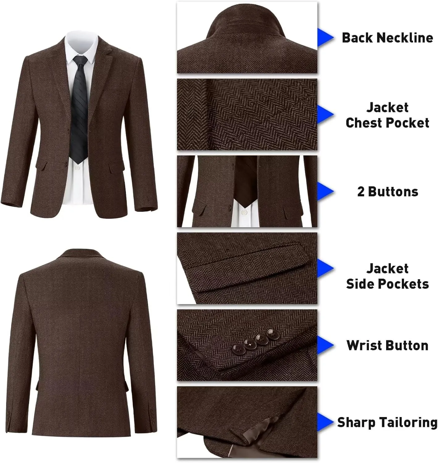 Retro Tweed Herringbone Suit for Men Slim Fit 3 Pieces Mens Suit Groom Dress Tuxedos Prom Suit Jacket Vest Pants
