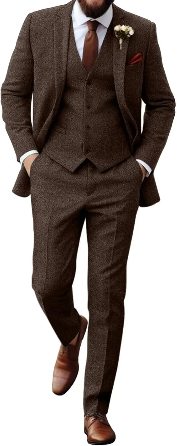 Retro Tweed Herringbone Suit for Men Slim Fit 3 Pieces Mens Suit Groom Dress Tuxedos Prom Suit Jacket Vest Pants