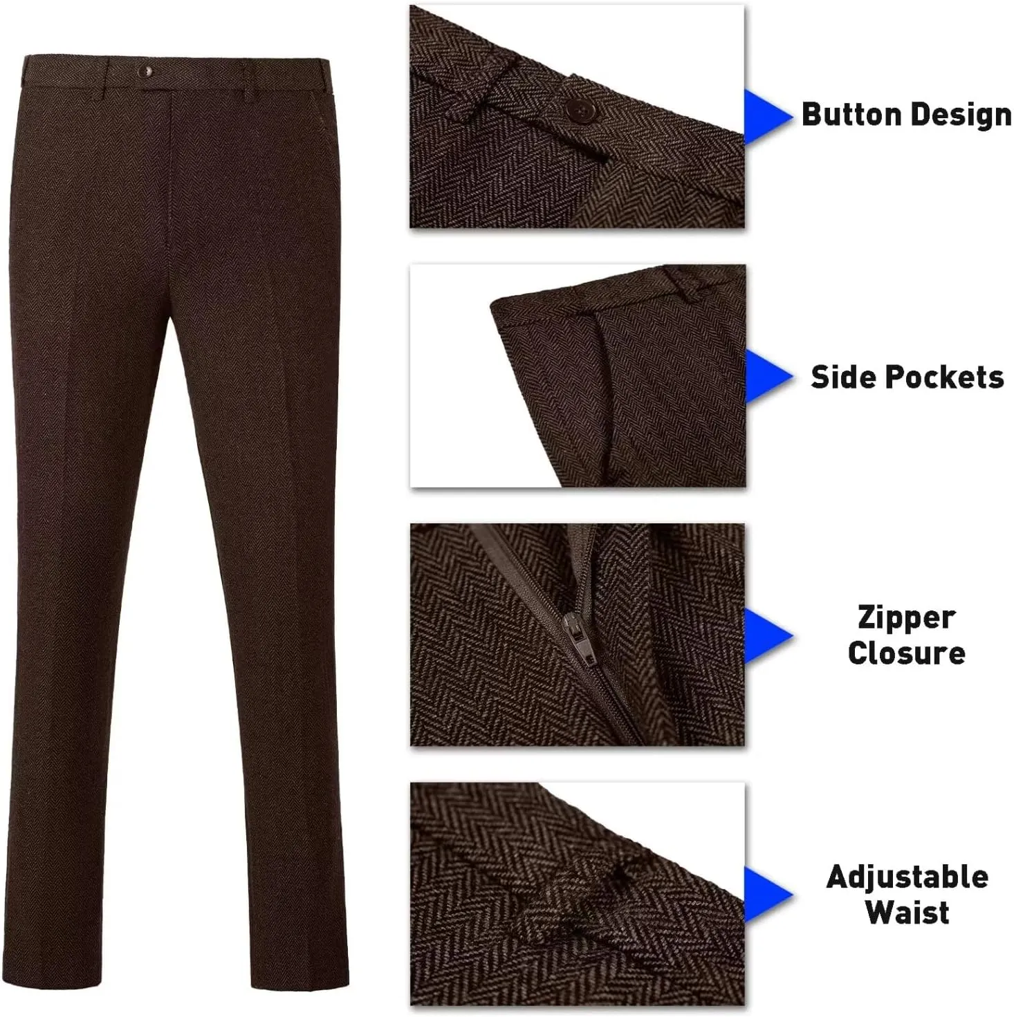 Retro Tweed Herringbone Suit for Men Slim Fit 3 Pieces Mens Suit Groom Dress Tuxedos Prom Suit Jacket Vest Pants