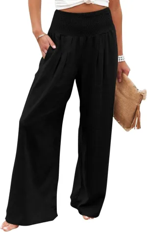 Reyox Women's Casual Elastic Waist Wide Leg Pants Cotton Linen Comfy Lounge Pants