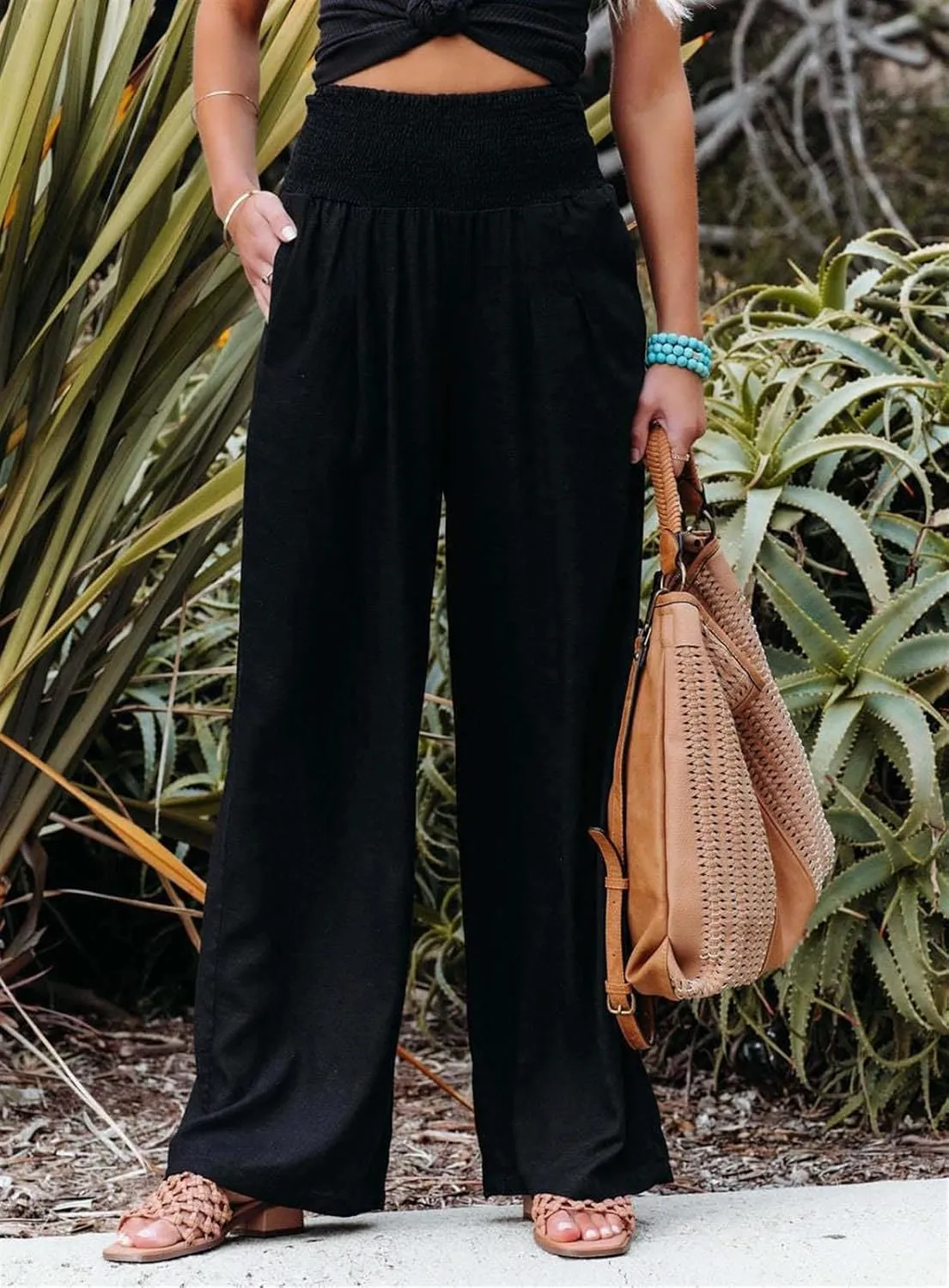 Reyox Women's Casual Elastic Waist Wide Leg Pants Cotton Linen Comfy Lounge Pants