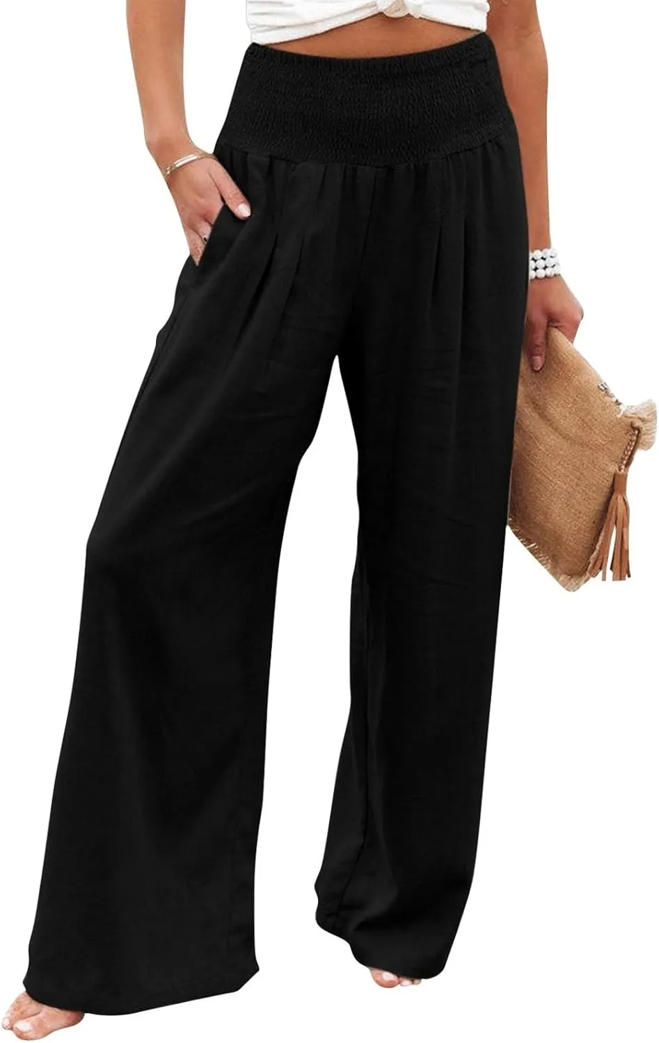 Reyox Women's Casual Elastic Waist Wide Leg Pants Cotton Linen Comfy Lounge Pants