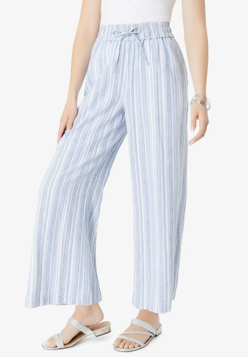 Roaman's Women's Plus Size Linen Wide-Leg Pant