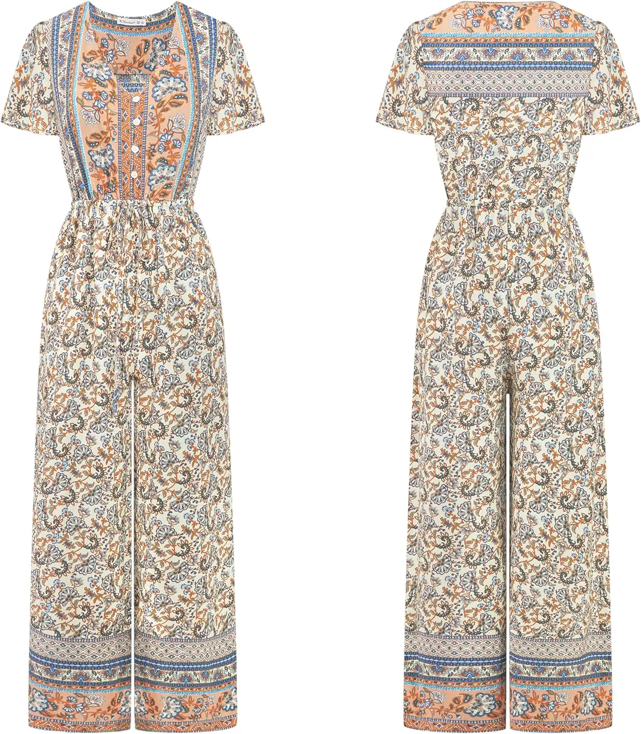 R.Vivimos One Piece Jumpsuits for Women Summer Boho Floral Print Short Sleeve V Neck Drawstring Waist Wide Leg Long Rompers