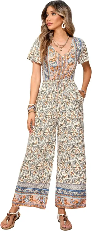 R.Vivimos One Piece Jumpsuits for Women Summer Boho Floral Print Short Sleeve V Neck Drawstring Waist Wide Leg Long Rompers