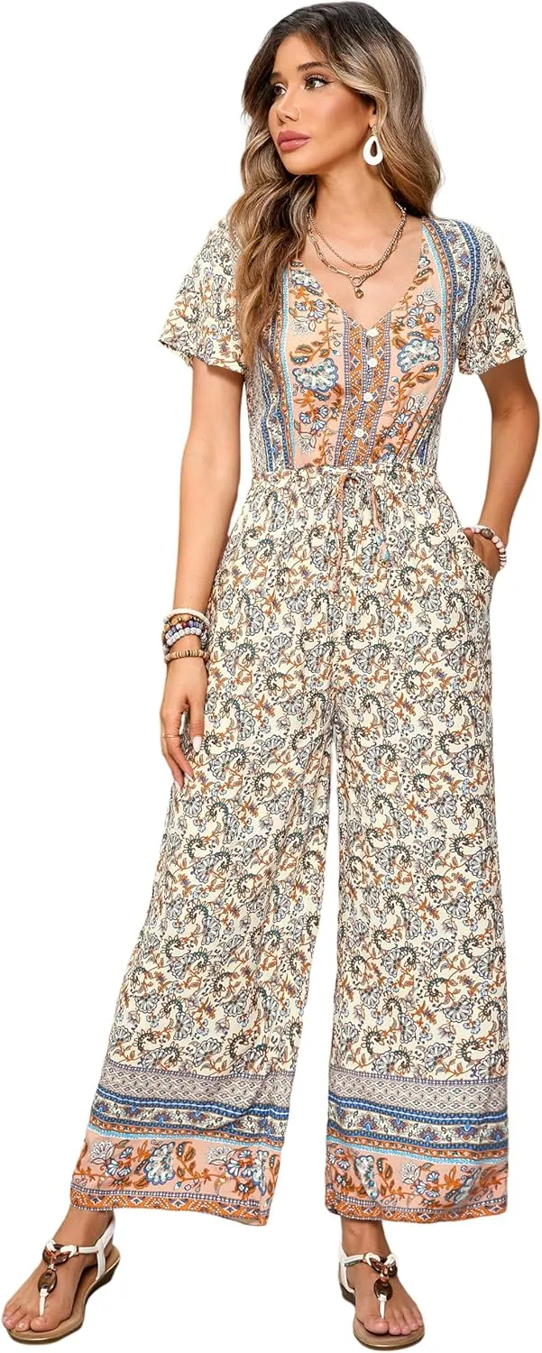 R.Vivimos One Piece Jumpsuits for Women Summer Boho Floral Print Short Sleeve V Neck Drawstring Waist Wide Leg Long Rompers