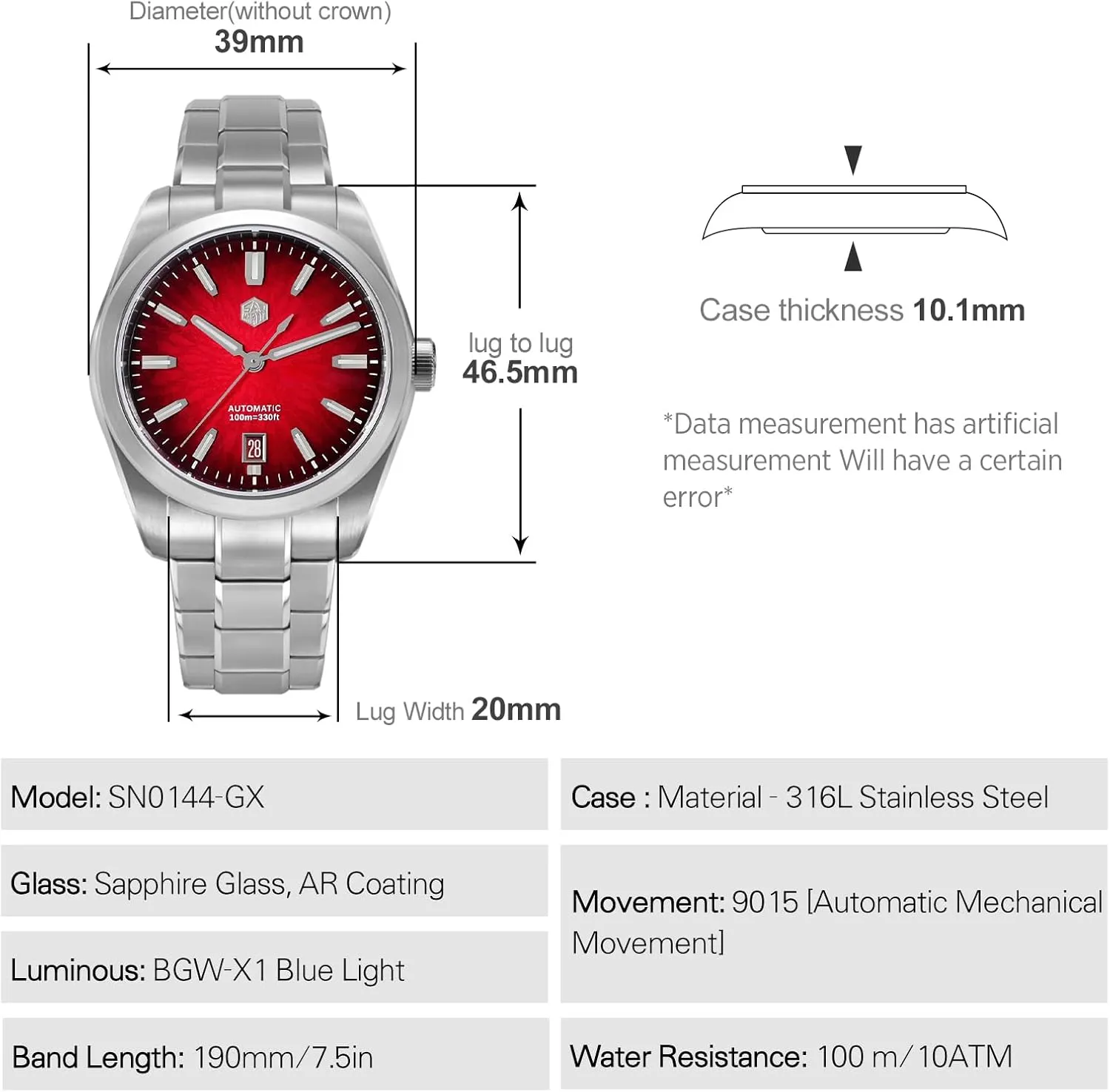 San Martin Men Watch SN0144-GX, 9015 Automatic Mechanical Movement Sapphire Glass 10 Bar Diving Watch for Men