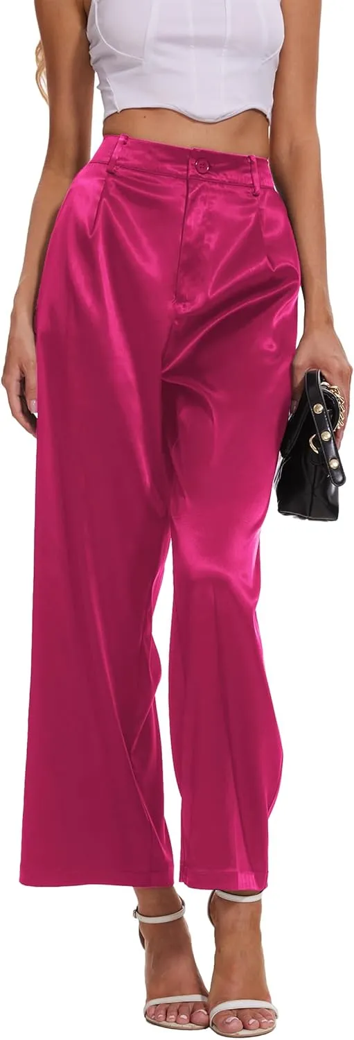 Satin Pants for Women High Waist Wide Leg Dress Casual Silk Disco Pants with Pockets