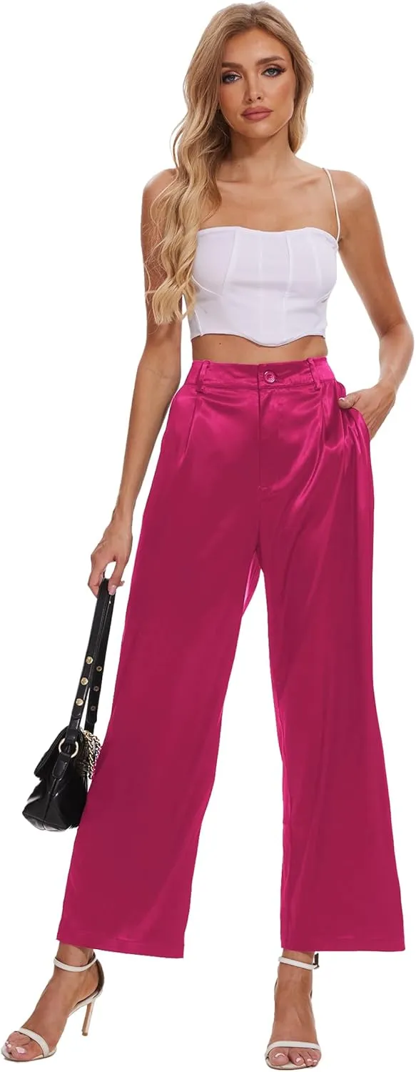 Satin Pants for Women High Waist Wide Leg Dress Casual Silk Disco Pants with Pockets