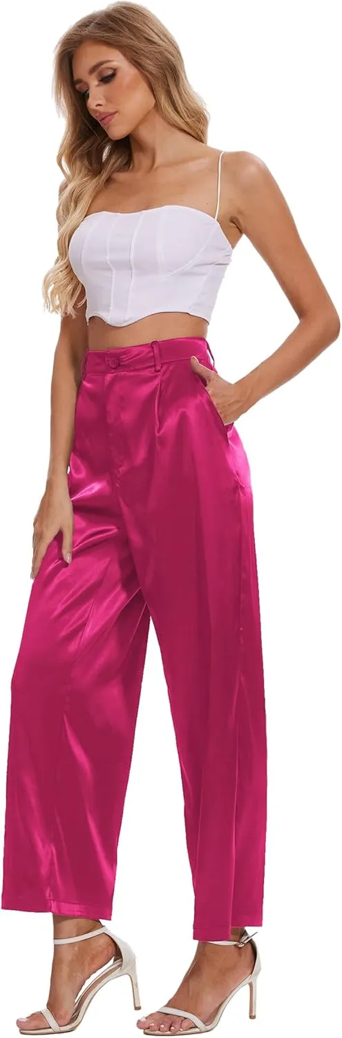 Satin Pants for Women High Waist Wide Leg Dress Casual Silk Disco Pants with Pockets