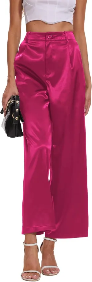 Satin Pants for Women High Waist Wide Leg Dress Casual Silk Disco Pants with Pockets