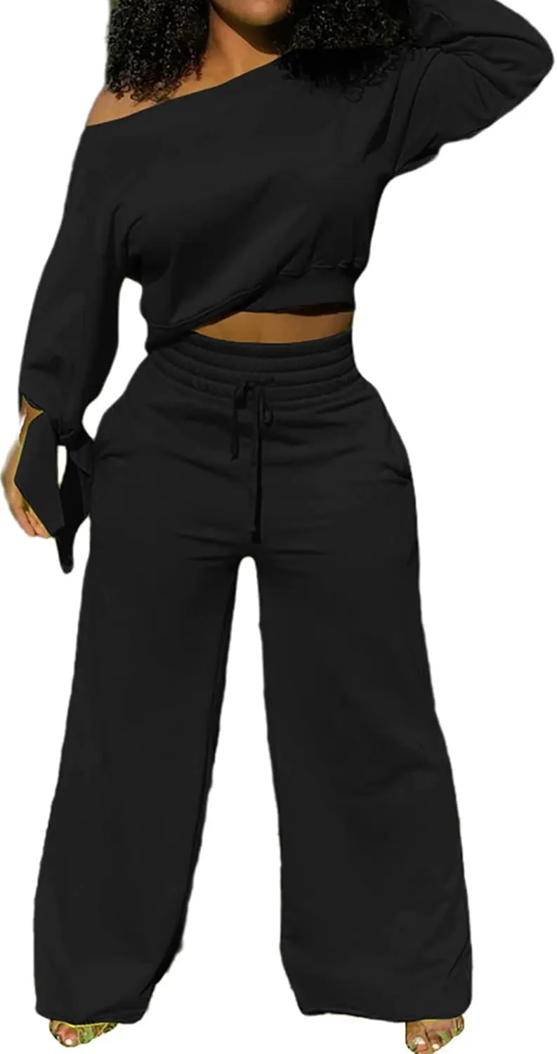 sexycherry Casual 2 Piece Outfits for Women Sexy Long Sleeve Sweatsuit Jogging Long Pants Sets Tracksuit with Pockets