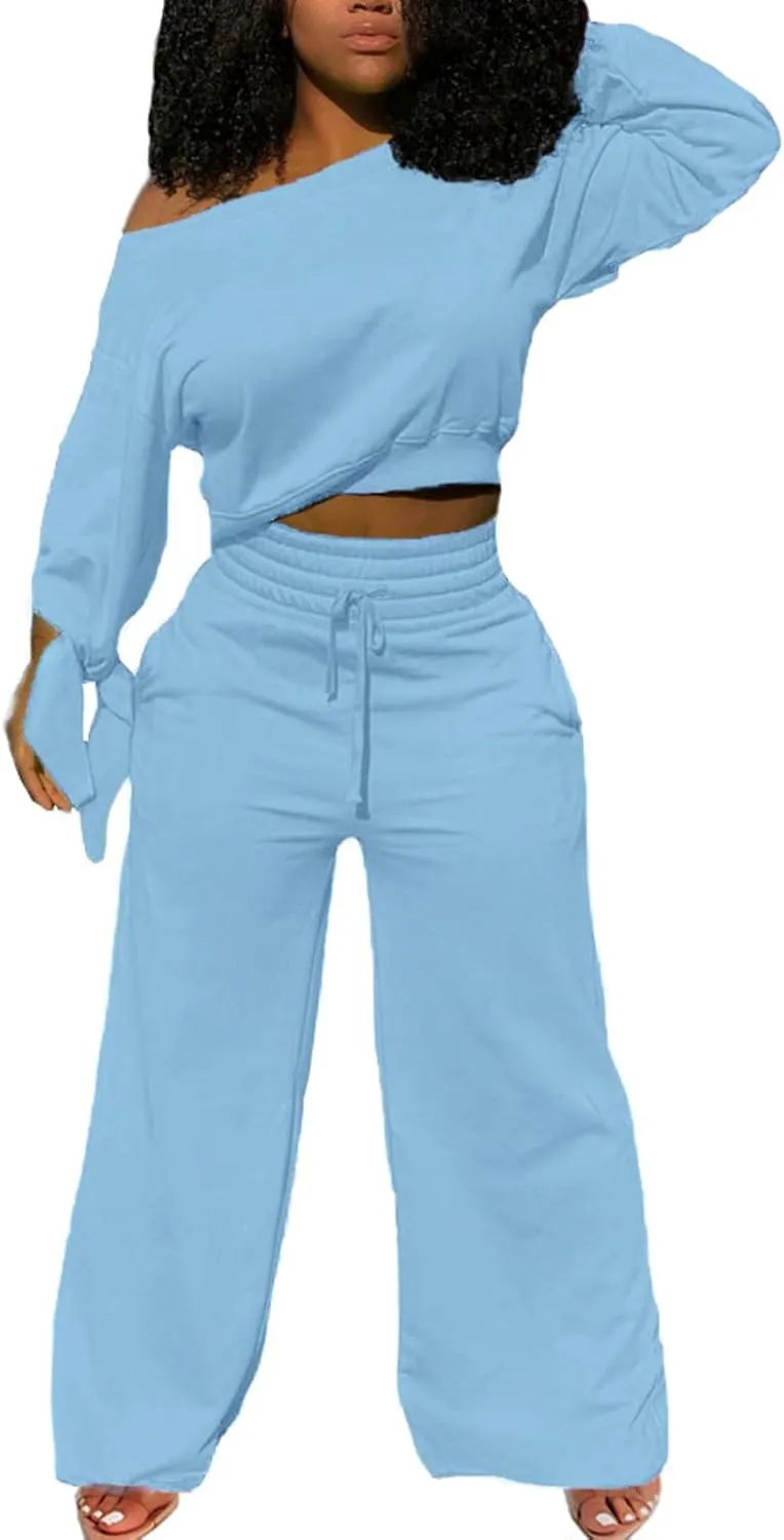 sexycherry Casual 2 Piece Outfits for Women Sexy Long Sleeve Sweatsuit Jogging Long Pants Sets Tracksuit with Pockets