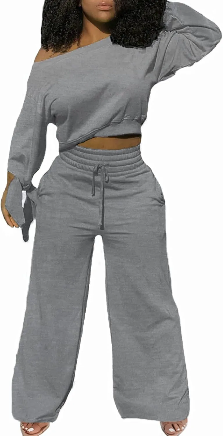 sexycherry Casual 2 Piece Outfits for Women Sexy Long Sleeve Sweatsuit Jogging Long Pants Sets Tracksuit with Pockets