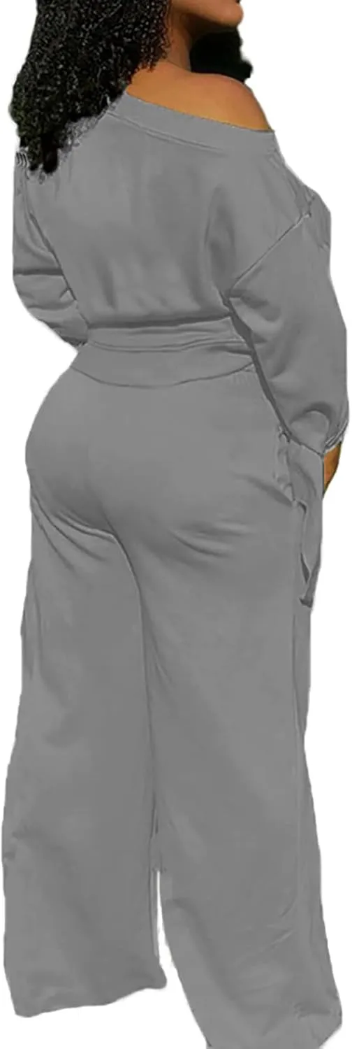 sexycherry Casual 2 Piece Outfits for Women Sexy Long Sleeve Sweatsuit Jogging Long Pants Sets Tracksuit with Pockets
